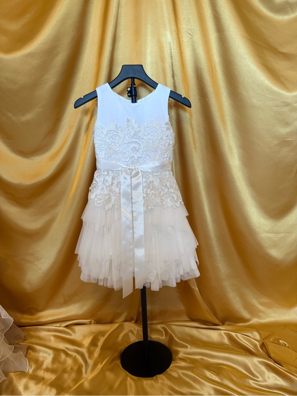 Girls Ivory Lace & Tulle Formal Dress with Satin Bow